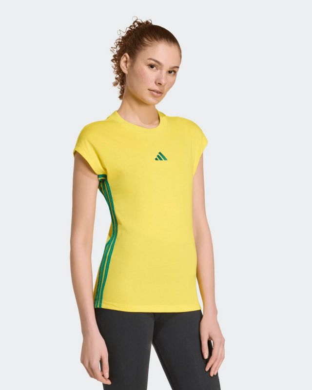 Product: ADIDAS - TSHIRT ESSENTIAL GIALLA CON 3 BANDE VERDI DA DONNA - KR7565 (1 of 6)