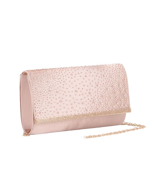 Product: MISS GLOBO - Borsa pochette nude in raso con strass sulla patta e stecca in metallo di strass (1 of 4)
