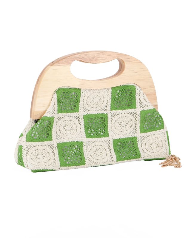 Product: DIVAS - Borsa a mano ricamata verde e panna con manico in legno (1 of 5)