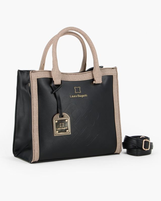 Product: LAURA BIAGIOTTI - Borsa a mano nera con ciondolo metallico loggato, tracolla removibile (1 of 4)