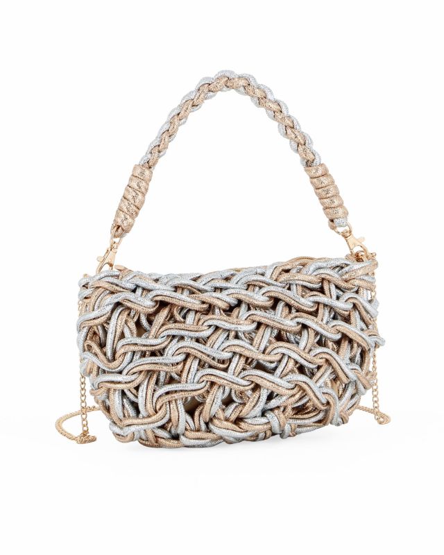 Product: RIFLE - Minibag ad un manico in corda intrecciata champagne e argento , tracollina removibile (1 of 4)