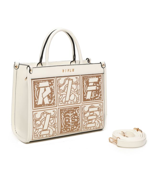 Product: RIFLE - Borsa due manici bianca con tasca posteriore e parte frontale decorata, tracolla removibile (1 of 3)