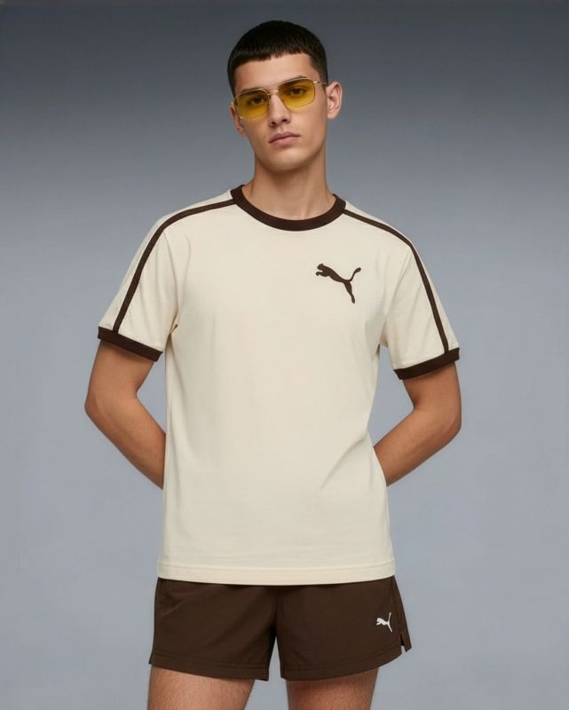 Product: PUMA - T-SHIRT UOMO MEZZA MANICA  BEIGE E MARRONE T7 BIG CAT RINGER TEE AL.SNOW, 635242-87 (1 of 4)