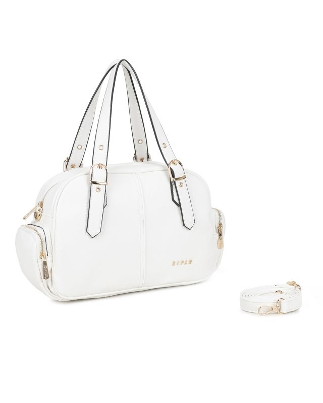 Product: RIFLE - Borsa a mano bianca con tasche laterali e fibbie sui manici, tracolla removibile (1 of 3)