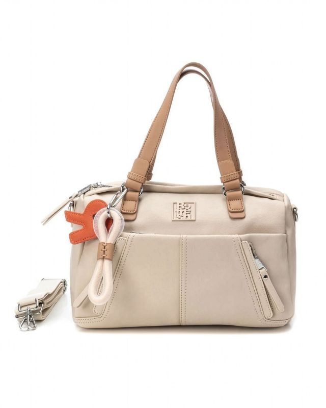 Product: REFRESH - Borsa due manici beige con tasche frontali e moschettone con ciondoli, tracolla removibile (1 of 4)