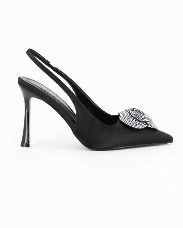 Product: MISS GLOBO - Décolleté slingback nera in raso con sottopiede in VERA PELLE e applicazione fiore in strass, tacco 9,5CM (1 of 10)