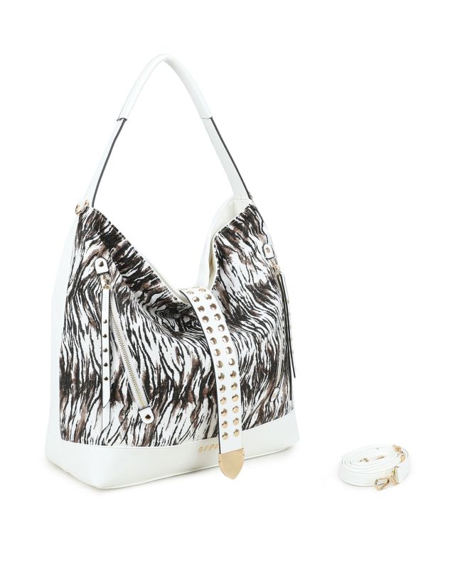 Product: RIFLE - Borsa sacca animalier bianca con tasche frontali e mini pattina con borchie, tracolla removibile (1 of 3)