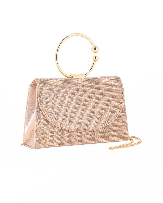 Prodotto: DIVAS - Borsa pochette da cerimonia oro rosa con strass e manico rotondo in metallo