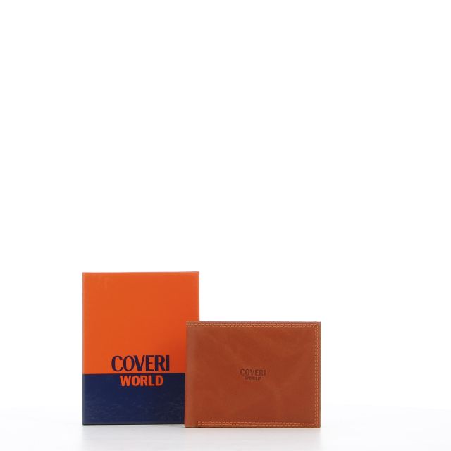 Prodotto: COVERI – Portafoglio arancio in vera pelle con logo centrale, ribaltina interna e scomparto porta spicci