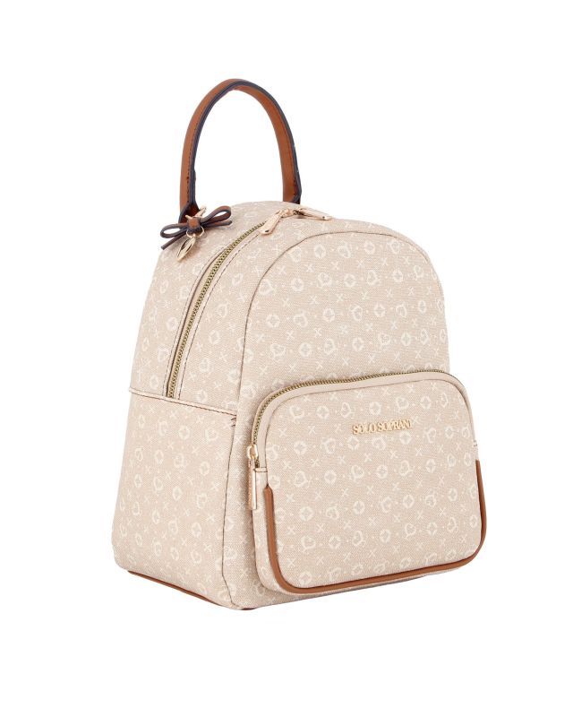 Prodotto: SOLO SOPRANI - Zaino beige loggato con tasca frontale e ciondolo fiocco+cuore