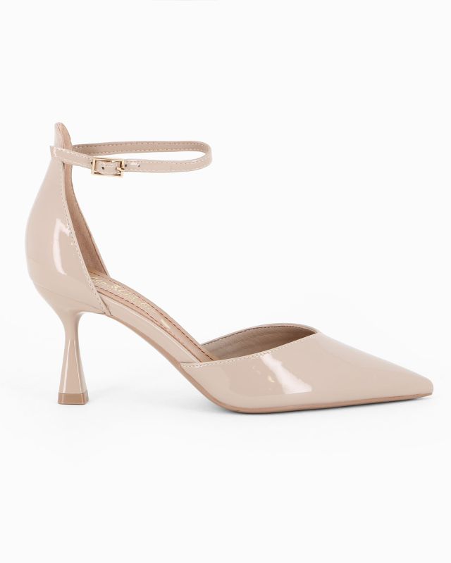 Prodotto: MISS GLOBO - Décolleté beige in vernice con sottopiede in VERA PELLE e cinturino alla caviglia, tacco 7,5CM