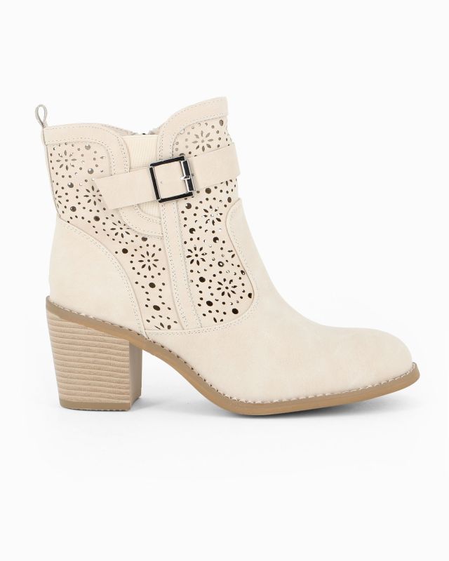 Prodotto: MISS GLOBO - Tronchetto beige traforato con zip laterale, tacco 7CM