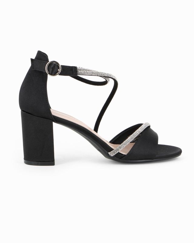 Prodotto: MISS GLOBO - Sandalo nero in raso con cinturini in strass, tacco 7CM