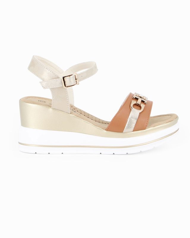 Prodotto: MISS GLOBO - Sandalo platform cuoio/beige con sottopiede in memory soft e morsetto con strass, zeppa 7CM