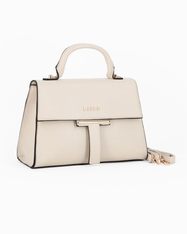 Prodotto: RIFLE - Borsa a mano beige con patta e tasca posteriore, tracolla removibile