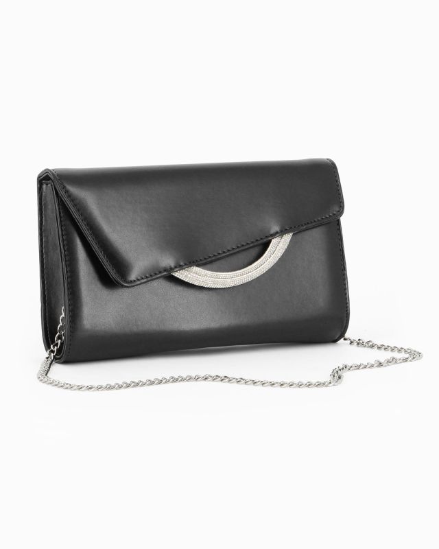 Prodotto: ANNES NICOLE - Pochette nera con cinturini in strass sulla patta e tracolla a catenina