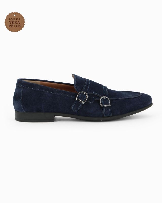 Prodotto: CLASS MAN - Mocassino blu scamosciato in VERA PELLE con doppia fibbia
