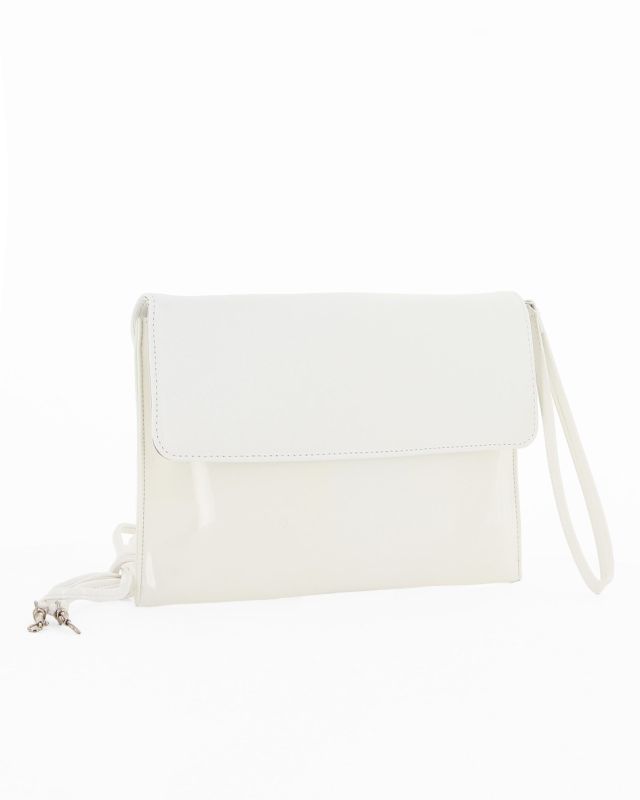 Prodotto: TATOO - Pochette bianca in vernice con patta, laccetto e tracolla removibile, MADE IN ITALY