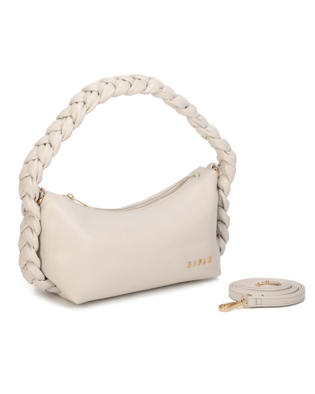 Prodotto: RIFLE - Borsa a spalla beige con manico intrecciato, tracolla removibile