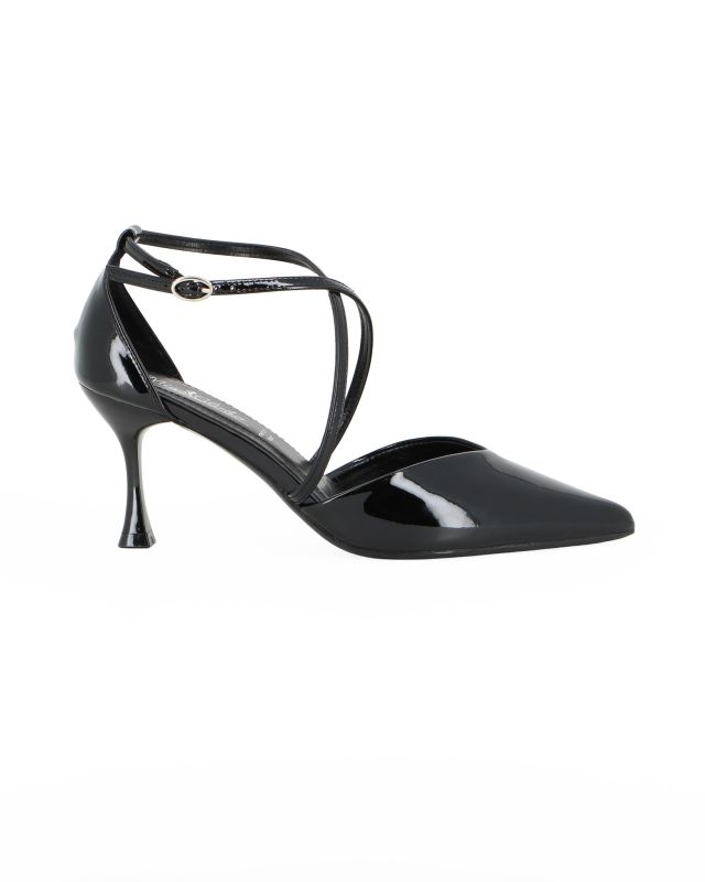 Prodotto: MISS GLOBO - Décolleté nera in vernice con sottopiede in memory foam e cinturini incrociati, tacco 7,5CM