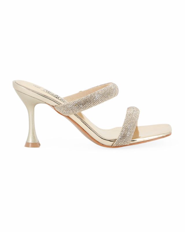 Prodotto: MISS GLOBO - Sabot oro con doppia fascia imbottita in strass e punta quadrata, tacco 8CM