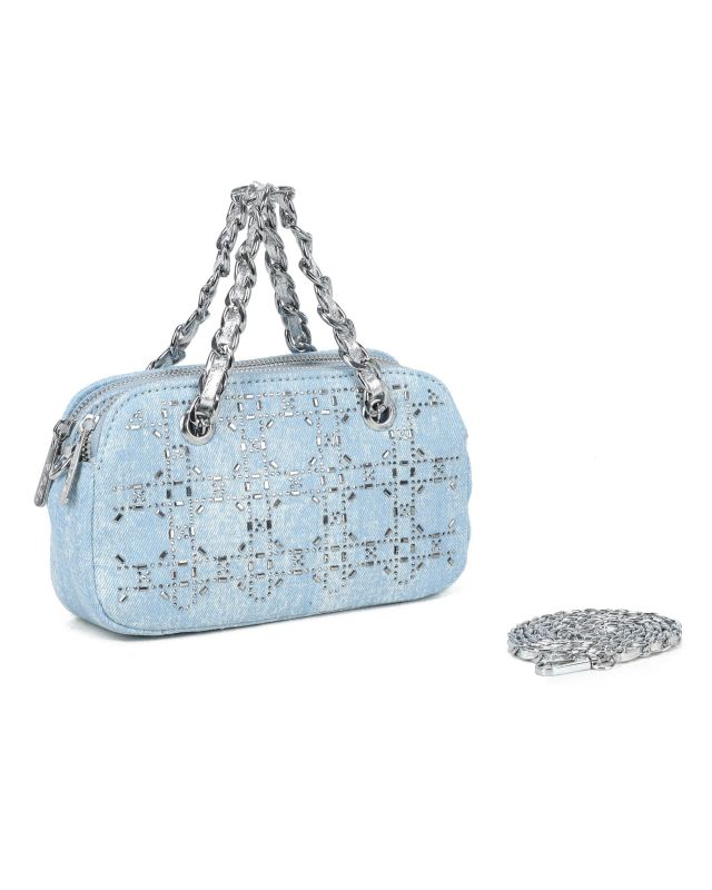 Prodotto: RIFLE - Minibag in denim chiaro  con manici intrecciati, tracollina removibile