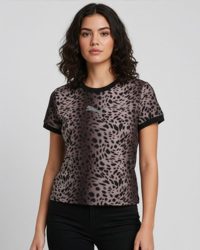 Prodotto: PUMA - T-SHIRT DONNA MEZZA MANICA  LEOPARTATA MARRONE E NERA ESSENTIALS   GRAPHICS LEO LUXE, 634562-01