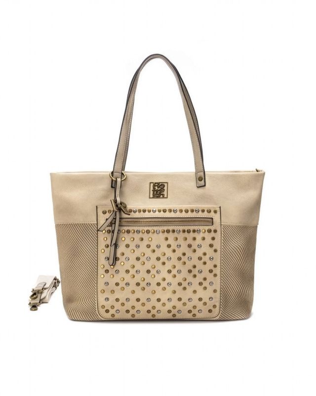 Prodotto: REFRESH - Borsa shopping beige con borchie, tracolla removibile