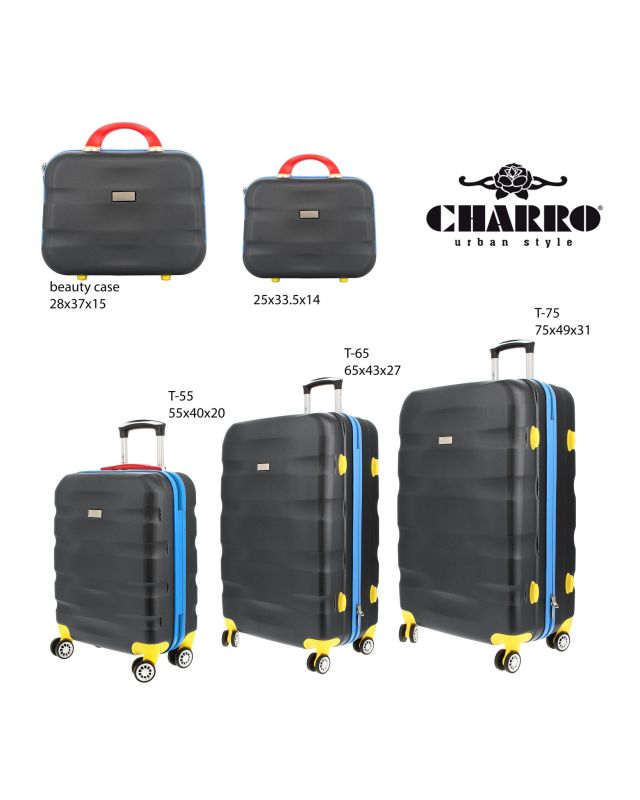 Prodotto: CHARRO - TROLLEY NERO 4 RUOTE IN ABS CON DETTAGLI COLORATI