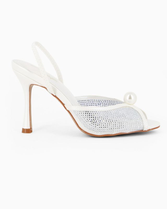 Prodotto: TATOO - Sandalo slingback bianco con strass e perla, tacco 9,5CM