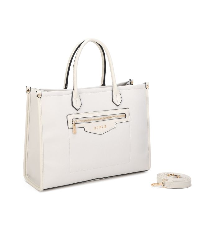 Prodotto: RIFLE - Borsa due manici beige con tre scomparti principali e tasca frontale, tracolla removibile