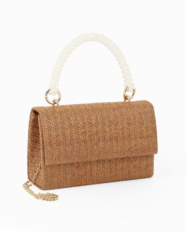 Prodotto: DIVAS - Pochette in paglia color bronzo con patta e manico con perle