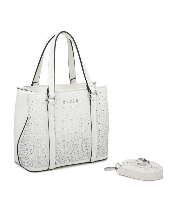 Prodotto: RIFLE - Minibag a due manici bianca con strass, tracolla removibile