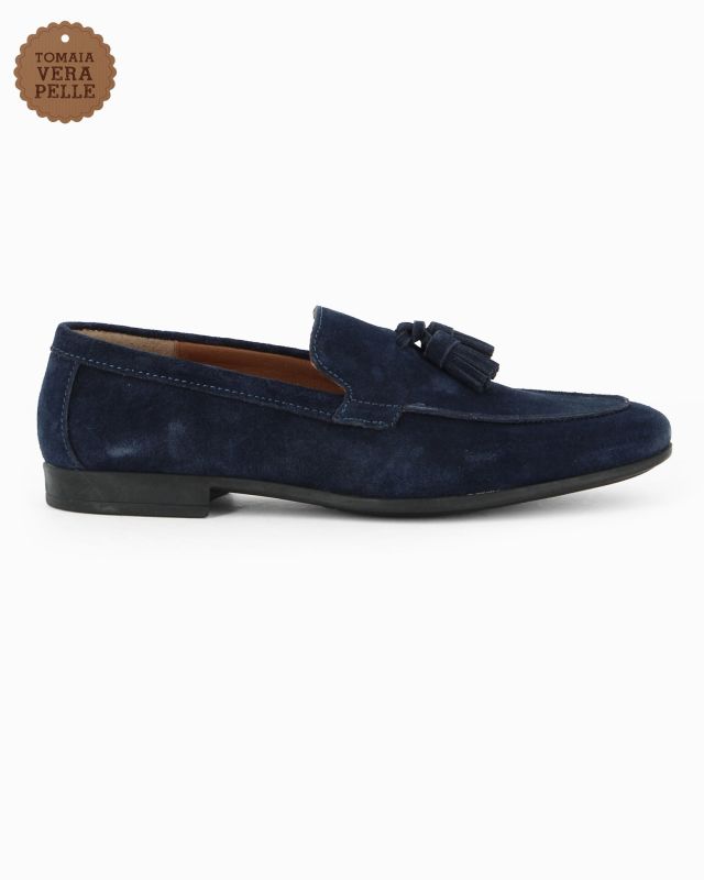Prodotto: CLASS MAN - Mocassino blu scamosciato in VERA PELLE con nappe