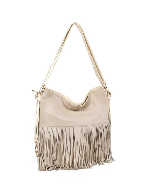 Prodotto: RIFLE - Sacca/Zaino beige con tasca posteriore e parte frontale scamoscia con frange