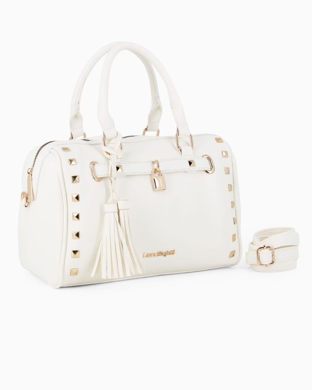 Prodotto: LAURA BIAGIOTTI - Bauletto bianco con borchie, pennacchi con frange e cinturino con lucchetto, tracolla removibile
