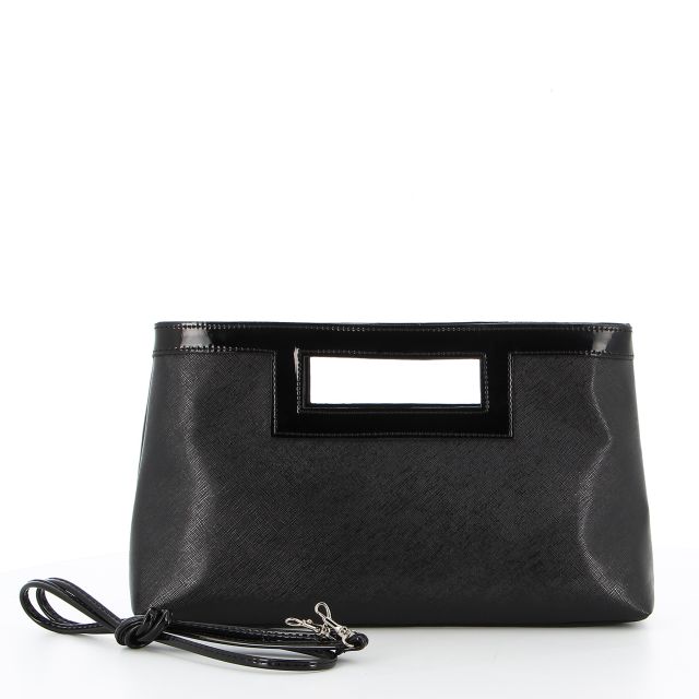 Prodotto: TATOO - Pochette nera in saffiano e vernice con tracolla removibile, MADE IN ITALY