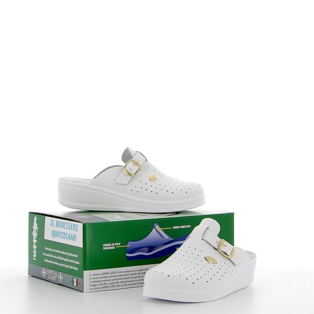 Prodotto: SANITAL LIGHT - Ciabatta sanitaria bianco in VERA PELLE con fibbia, MADE IN ITALY