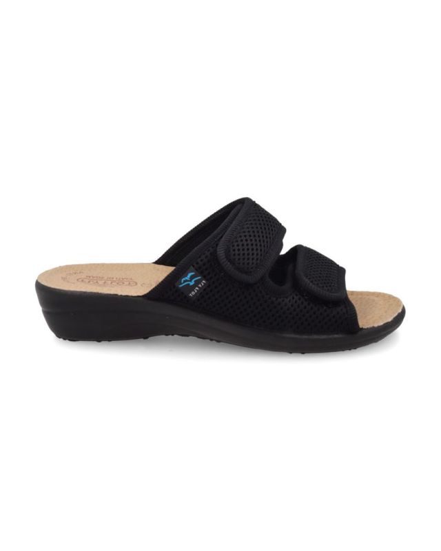 Prodotto: FLY FLOT - Ciabatta nera da donna in rete elastica con sottopiede in VERA PELLE e doppio strappo, MADE IN ITALY