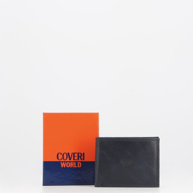 Prodotto: COVERI – Portafoglio blu in vera pelle con logo centrale, ribaltina interna e scomparto porta spicci