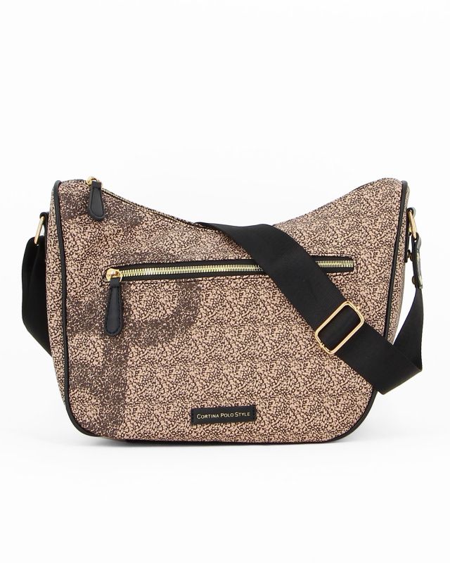 Prodotto: CORTINA POLO STYLE - Tracolla mezzaluna taupe con zip frontale orizzontale e stampa logo