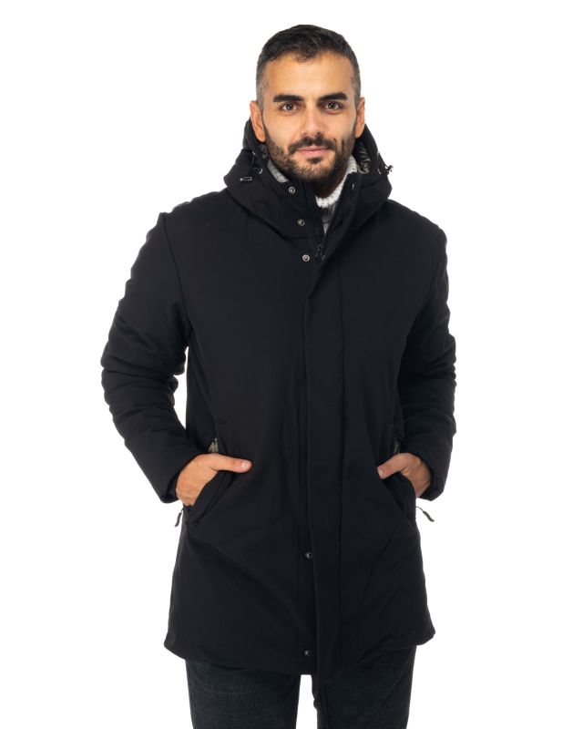 Prodotto: ON SPIRIT - Giubbotto parka da uomo nero in SOFTSHELL idrorepellente antivento e traspirante con cappuccio e zip frontale - ERIC