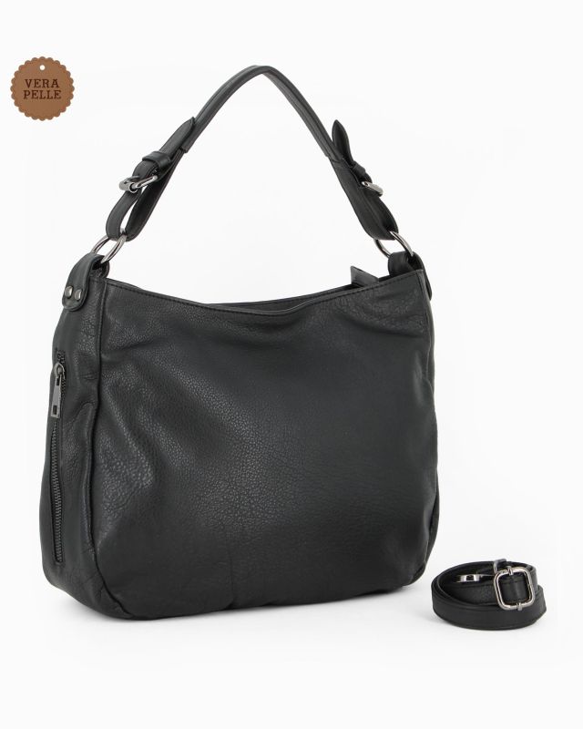 Prodotto: ALEX & CO - Borsa un manico nera con tasca posteriore e due tasche laterali, tracolla removibile - VERA PELLE -