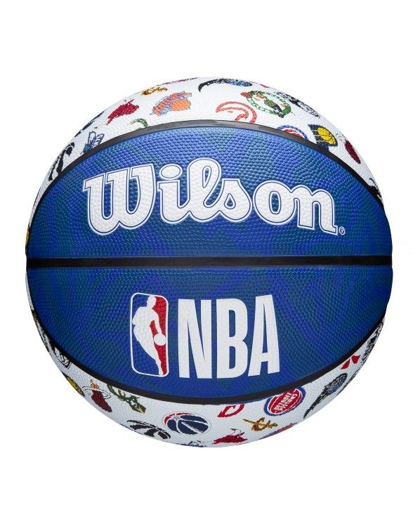 Prodotto: WILSON - Pallone da basket bianco e blu in gomma rinforzata con dettagli colorati