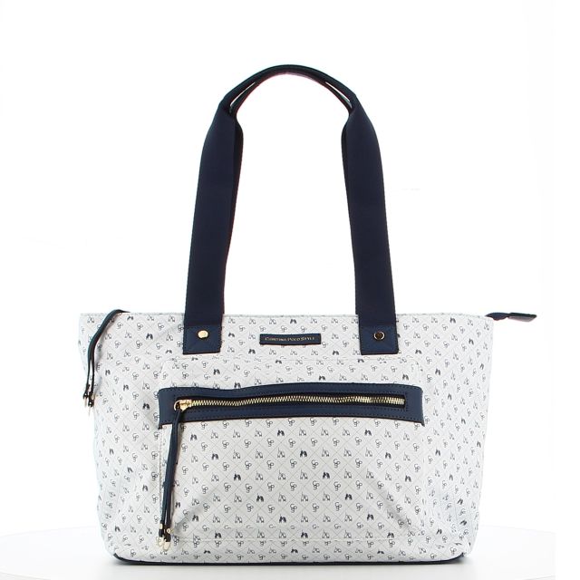 Prodotto: CORTINA POLO STYLE - Borsa shopping bianca loggata con zip frontale orizzontale