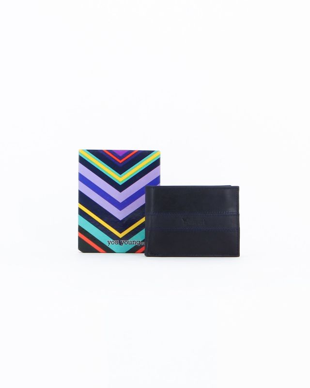 Prodotto: Portafoglio uomo blu in VERA PELLE, con ribaltina, porta carte e portamonete - you young Coveri