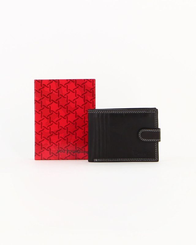 Prodotto: Portafoglio uomo nero  in VERA PELLE, con portaspicci, doppio scomparto banconote e chiusura con bottone  -You Young Coveri