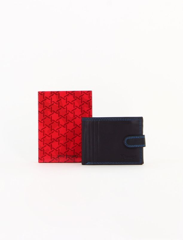 Prodotto: Portafoglio uomo blu  in VERA PELLE, con portaspicci, doppio scomparto banconote e chiusura con bottone  -You Young Coveri