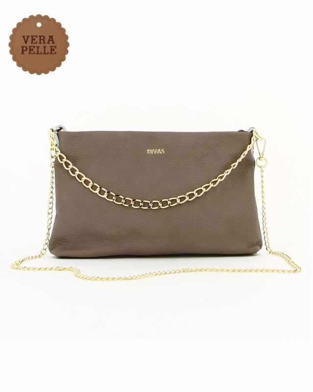 Prodotto: DIVAS - TRACOLLA TAUPE SCURO IN VERA PELE CON DETTAGLIO CATENA, MADE IN ITALY