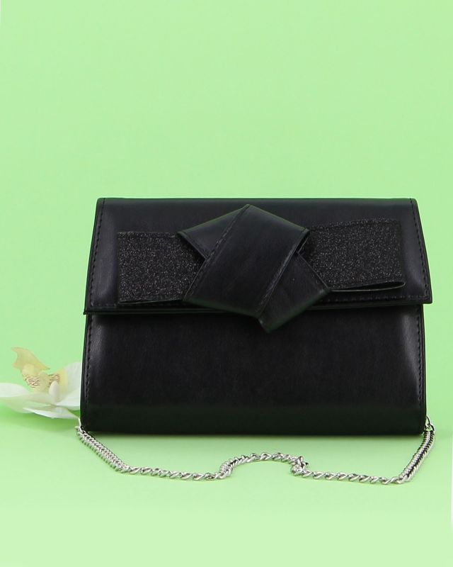 Prodotto: ANNES NICOLE - Pochette nera con fiocco glitterato sulla patta, MADE IN ITALY